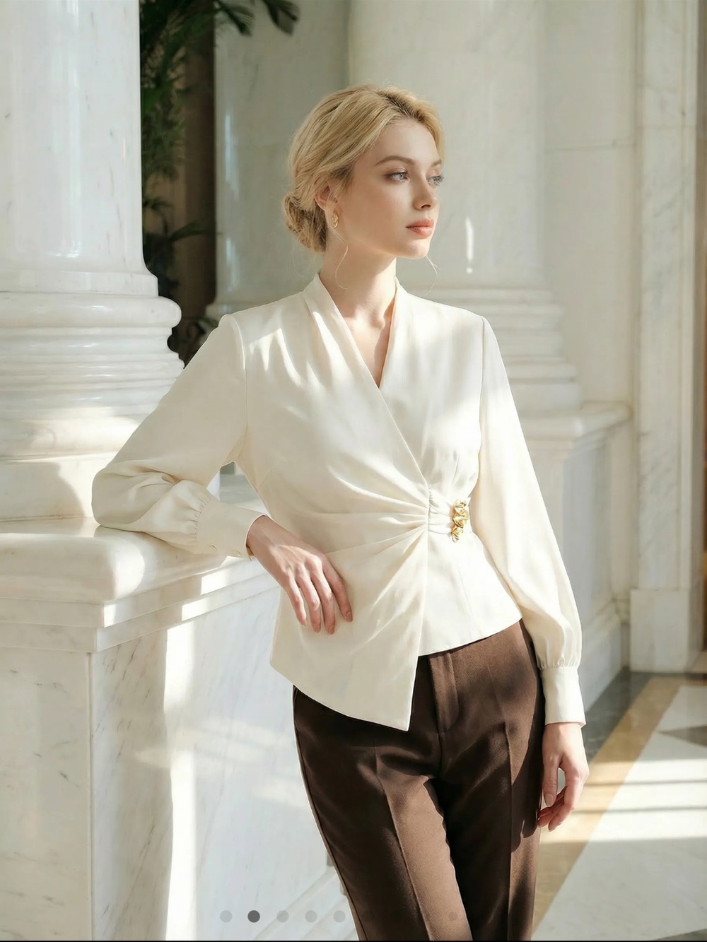 Cider Cream Wrap-Front Long Sleeve Blouse with Gold Accent